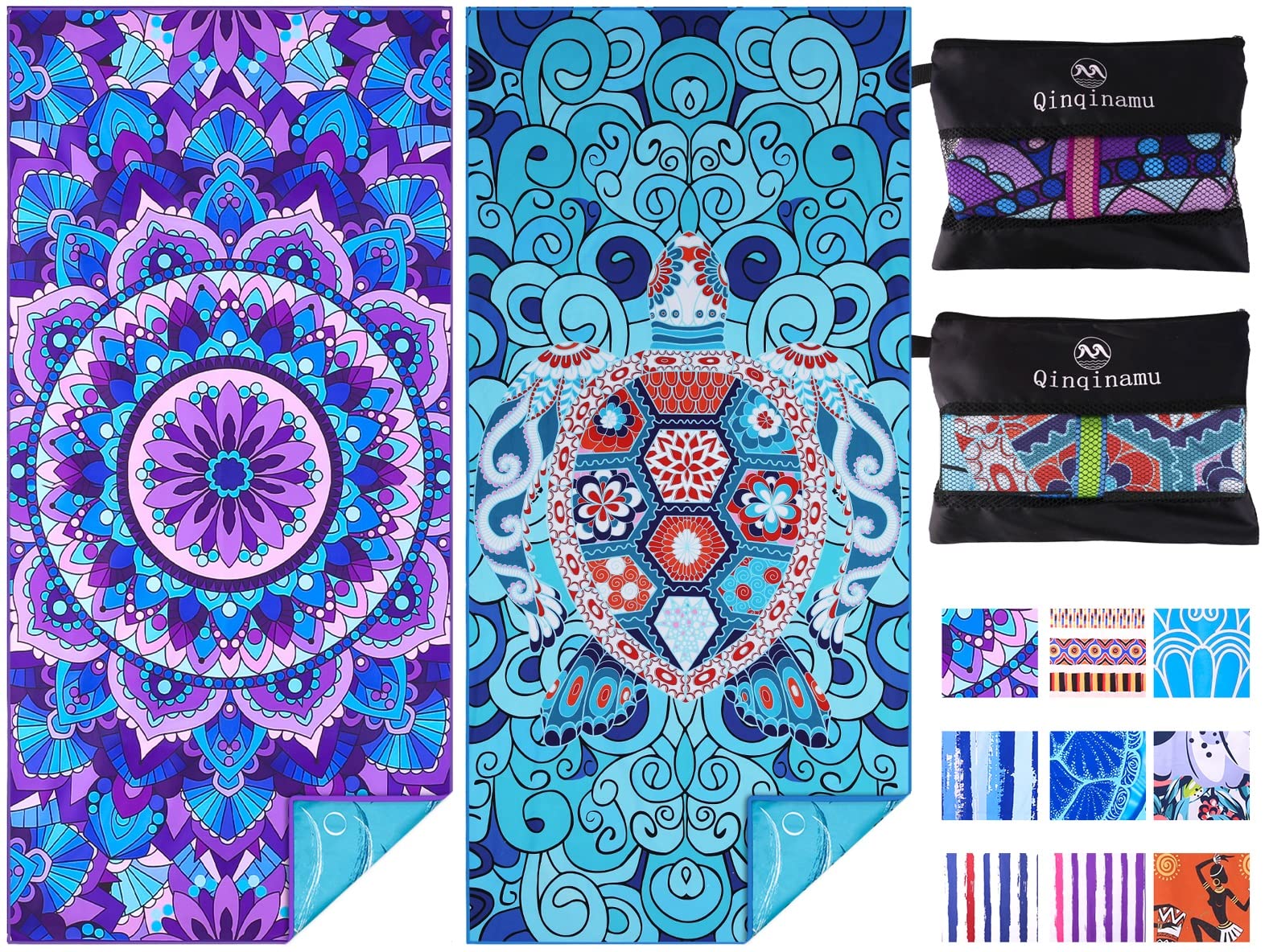 Qinqinamu 2 Pack Microfiber Oversized Lightweight Beach Towel 71"x32" Extra Thin Large Sand Free Towels Travel Swim Pool Yoga Gym for Adults Women Men Beach Essentials Accessories Vacation Gift