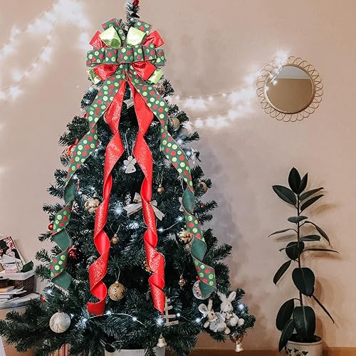 Miniatura 5 de Decoración para árbol de Navidad, lazo grande de 45 x 13 pulgadas con cinta estampada de muñeco de nieve de Navidad y serpentinas de satén con