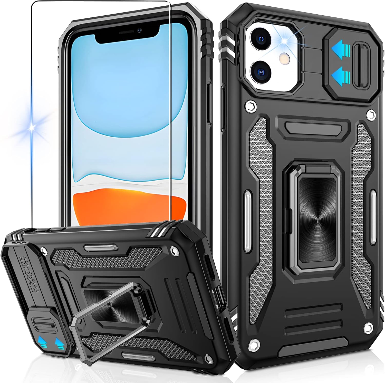 Jshru for iPhone 11 Phone Case with Screen Protector and Slide Camera Cover [Upgrade],Military Grade Shockproof iPhone 11 Case,Ring Kickstand Phone Cover for iPhone 11 (6.1 inch),Black
