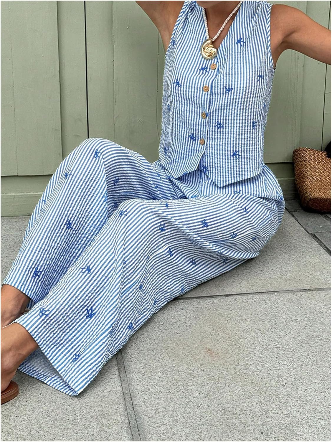 SweatyRocks Women's 2 Piece Outfits Striped Bow Print Button Down Vest Top and Pants Sets - Image 5