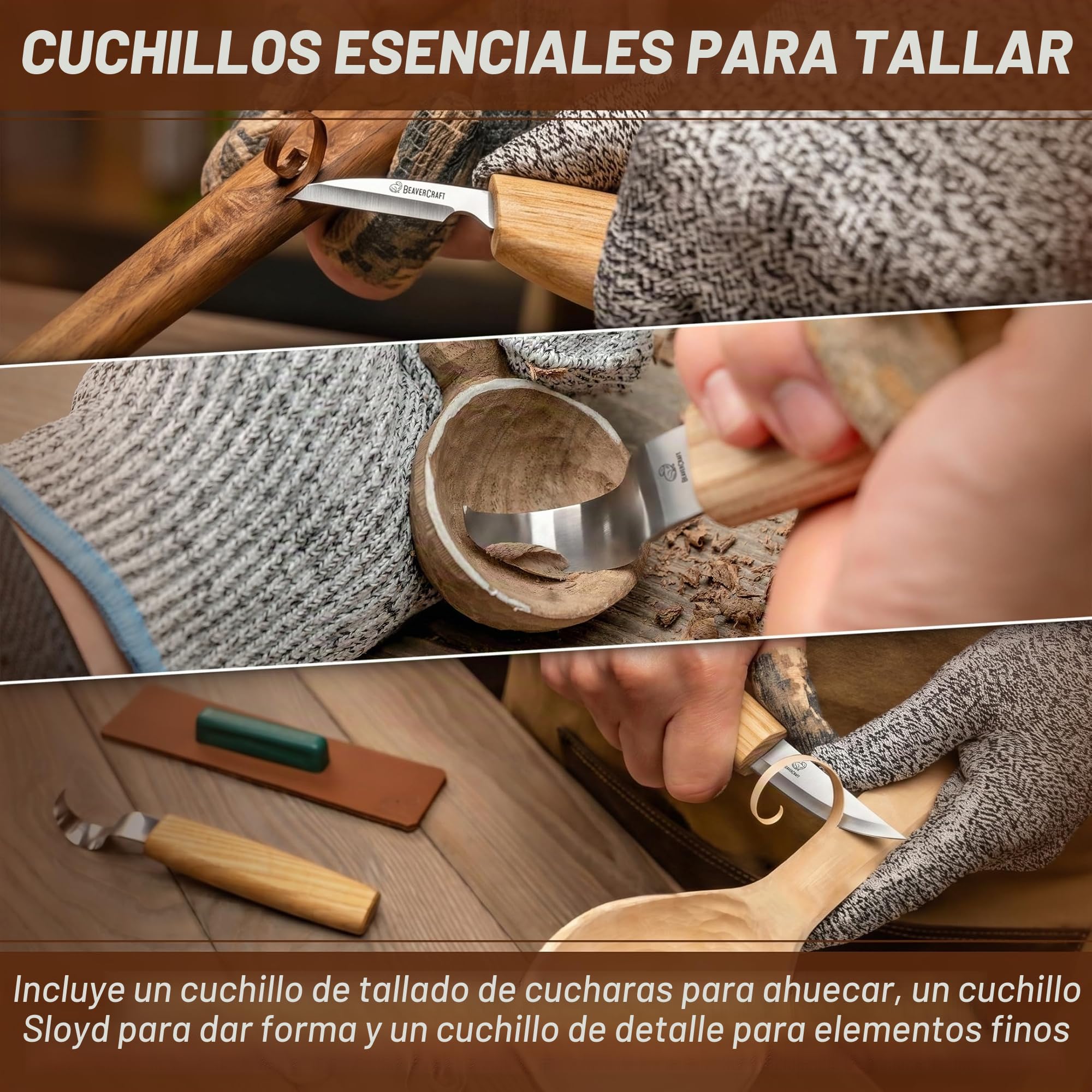 BeaverCraft, S13 Juego de Herramientas para Tallar Madera en Forma de Cuchara 3 Cuchillos Herramientas Rollo de Aserrín de Cuero y Compuesto para Pulir Gancho Cuchillo para Tallar en Forma de Cuchara