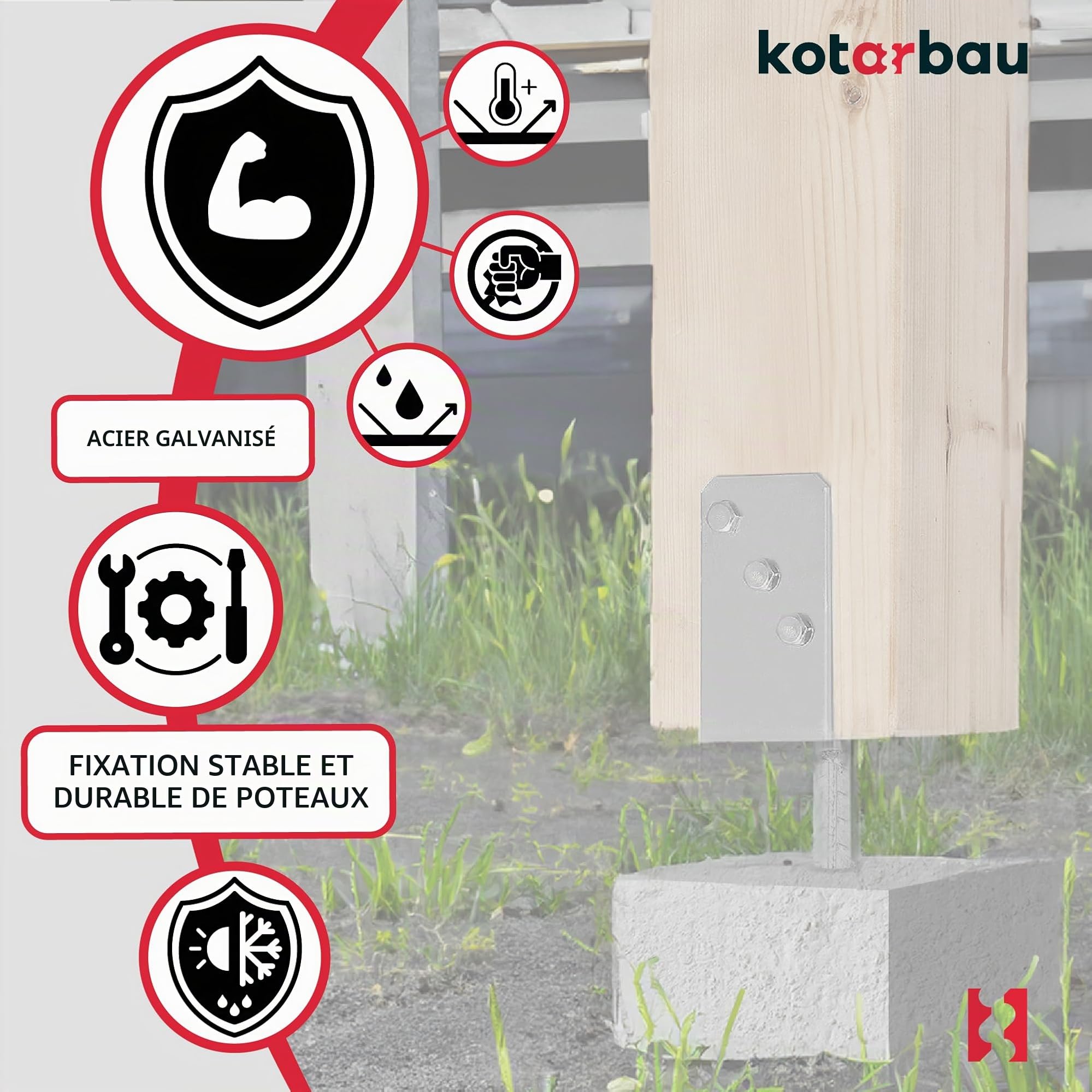 KOTARBAU® 2 pcs Support Poteau à Sceller - Acier Galvanisé - 61 mm - Argent - Pied de Poteau Bois - avec Ancrage Béton - Embase Robuste pour Clôture Jardin Terrasse