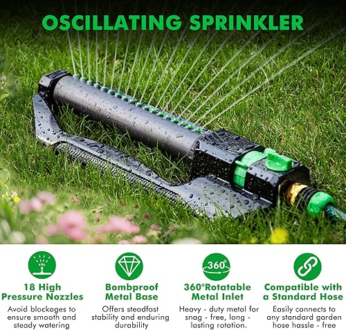 Miniatura 7 de RESTMO - Aspersor oscilante resistente con base de metal, sistema de riego de césped con control de flujo ajustable, cubre hasta 3,600 pies