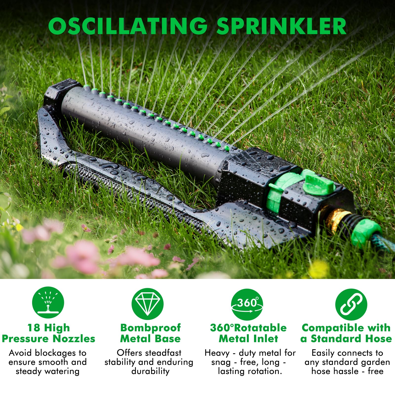 RESTMO Irrigatore oscillante resistente con base in metallo, sistema di irrigazione del prato regolabile con controllo del flusso, copre fino a 3.600 mq. per giardino, cortile