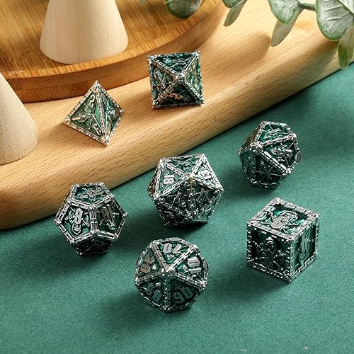 Miniatura 6 de Grim Reaper - Juego de dados de metal para DND, Dungeons and Dragons D&D poliédricos, 7 dados para juegos (verde con plata)