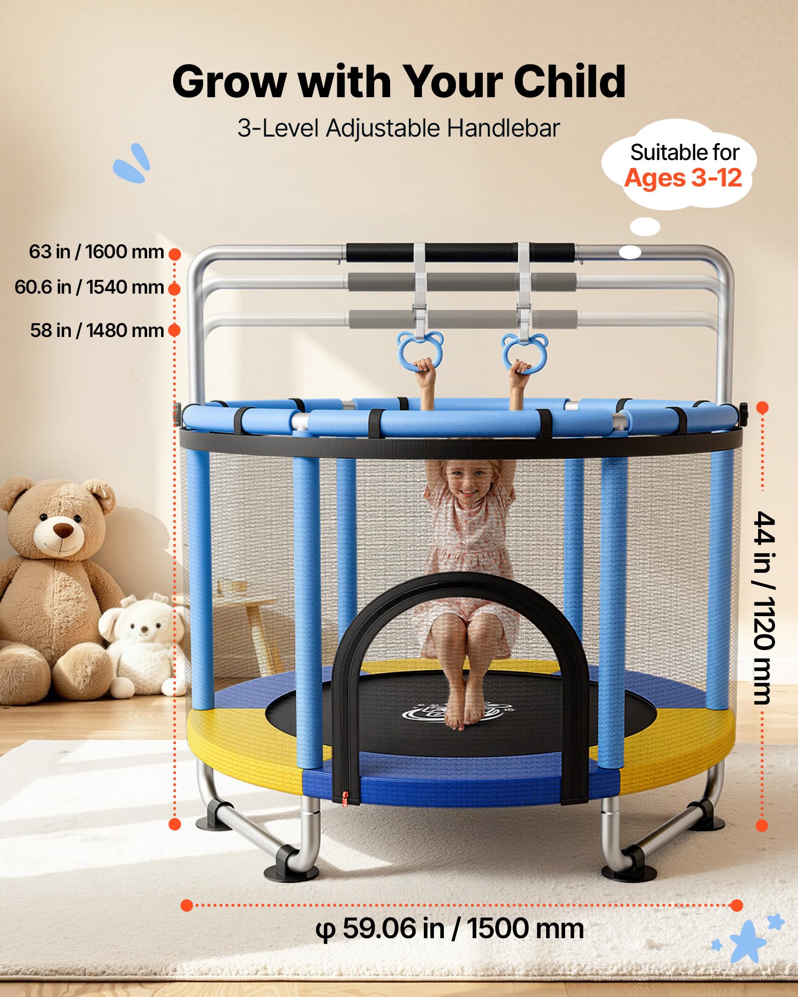 VEVOR Trampolino Elastico per Bambini Carico 60kg con Rete di Protezione, Mini Trampolino Tappeto Elastico Integrato in PVC per Rimbalzo Manubrio a 3 Livelli Rete di Protezione per Bambini 3-12 Anni