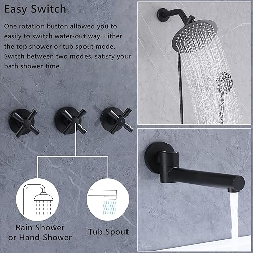 Miniatura 3 de Juego de grifo de ducha de 2 asas, cabezal de ducha de lluvia con ducha de mano, sistema de ducha doble 2 en 1, montaje en pared, negro mate