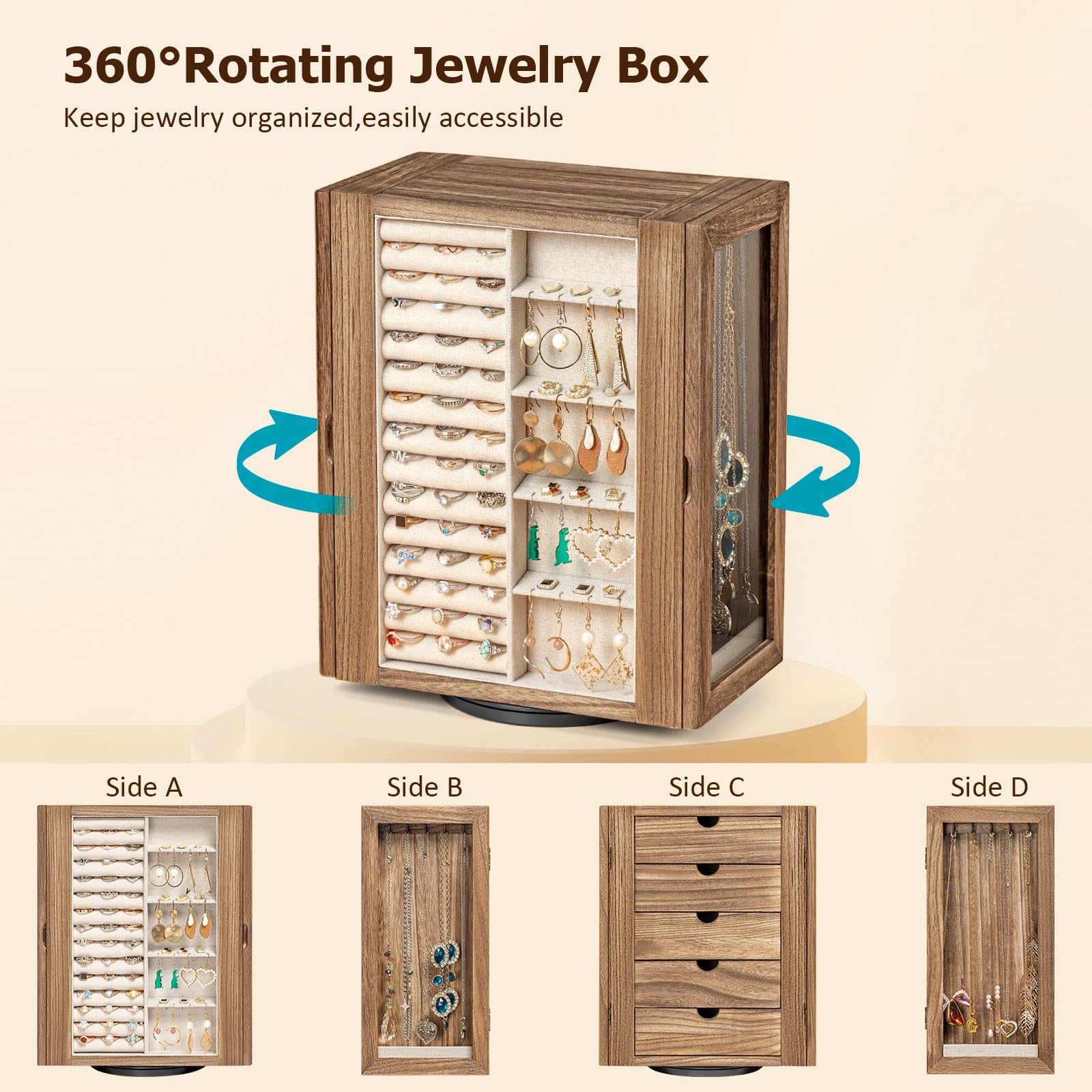 Emfogo 360° Rotating Jewelry Box for Women, Rustic Wooden Jewelry Organizer Box with 5 Drawers, Glass Doors, Vertical Open Design Jewelry Storage Case Display for Earrings Rings Necklaces Bracelets