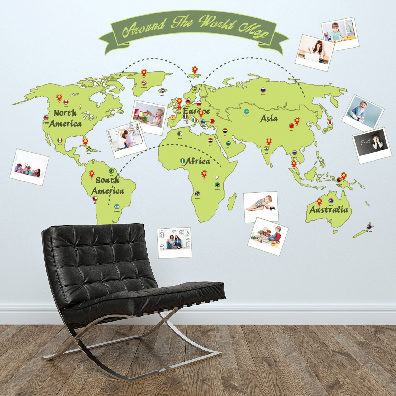 Walplus Around The World Map Wall Stickers, Vinyl, Multi-Colour, 7.6 x 63.5 x 3 cm