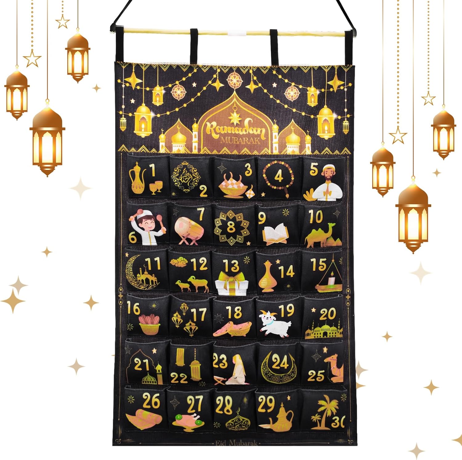 AhfuLife Ramadan Advent Calendar Decorations for Filling, Reusable Fabric Hanging 2026 Ramadan Mubarak Countdown Calendar with 30 Pockets for Eid Mubarak Party Ramadan Gift Home Wall Door