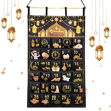 AhfuLife Ramadan Advent Calendar Decorations for Filling, Reusable Fabric Hanging 2026 Ramadan Mubarak Countdown Calendar with 30 Pockets for Eid Mubarak Party Ramadan Gift Home Wall Door