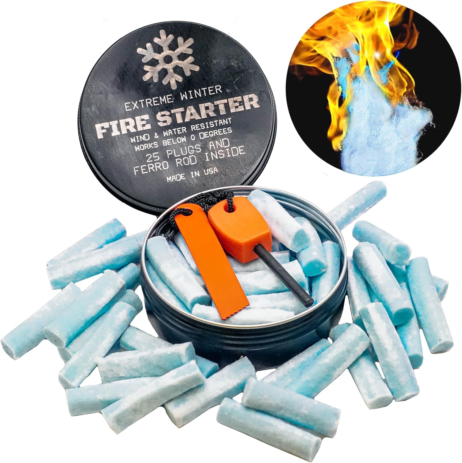 FIRE Starter Winter Survival KIT – Plugs (25 Pack) with Ferro Rod in Can | Waterproof & Weather Resistant Can Light 50+ Fires with Extra Long Burn Time | Campfires, BBQ & Grill, Fireplace Starter FIRE Starter Winter Survival KIT – Plugs (25 Pack) with Ferro Rod in Can | Waterproof & Weather Resistant Can Light 50+ Fires with Extra Long Burn Time | Campfires, BBQ & Grill, Fireplace Starter