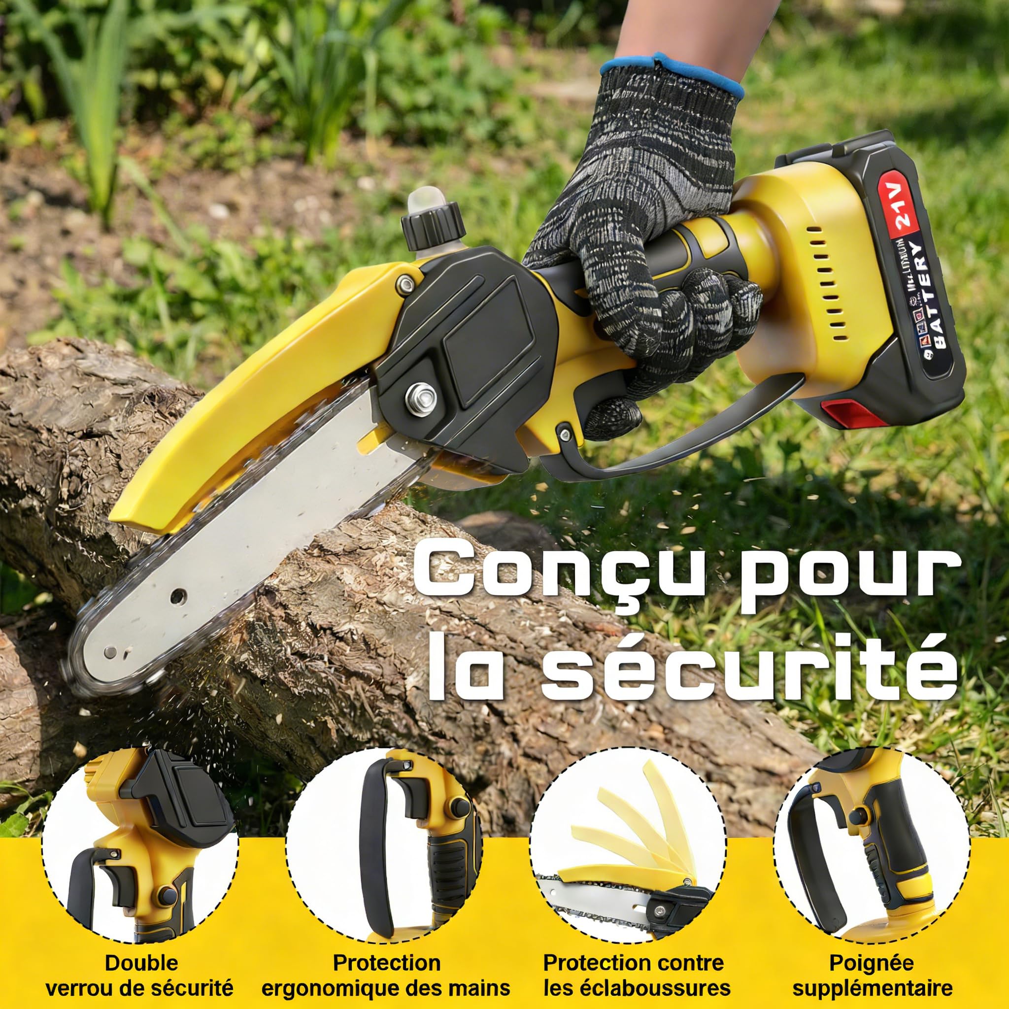Taille-Haute Batterie 2 en 1, Tronçonneuse 6 Pouces et Taille-Haute Électrique avec 2×2.0Ah Batterie, Tige Télescopique Jusqu'à 1.72m, Taille-Haute pour Branches d'Arbres et Coupe de Bois