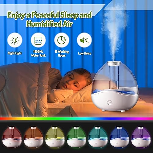 Miniatura 5 de Humidificadores de niebla fría para dormitorio, humidificador de aire ultrasónico pequeño silencioso de 1.5 litros con 5 filtros, luz nocturna