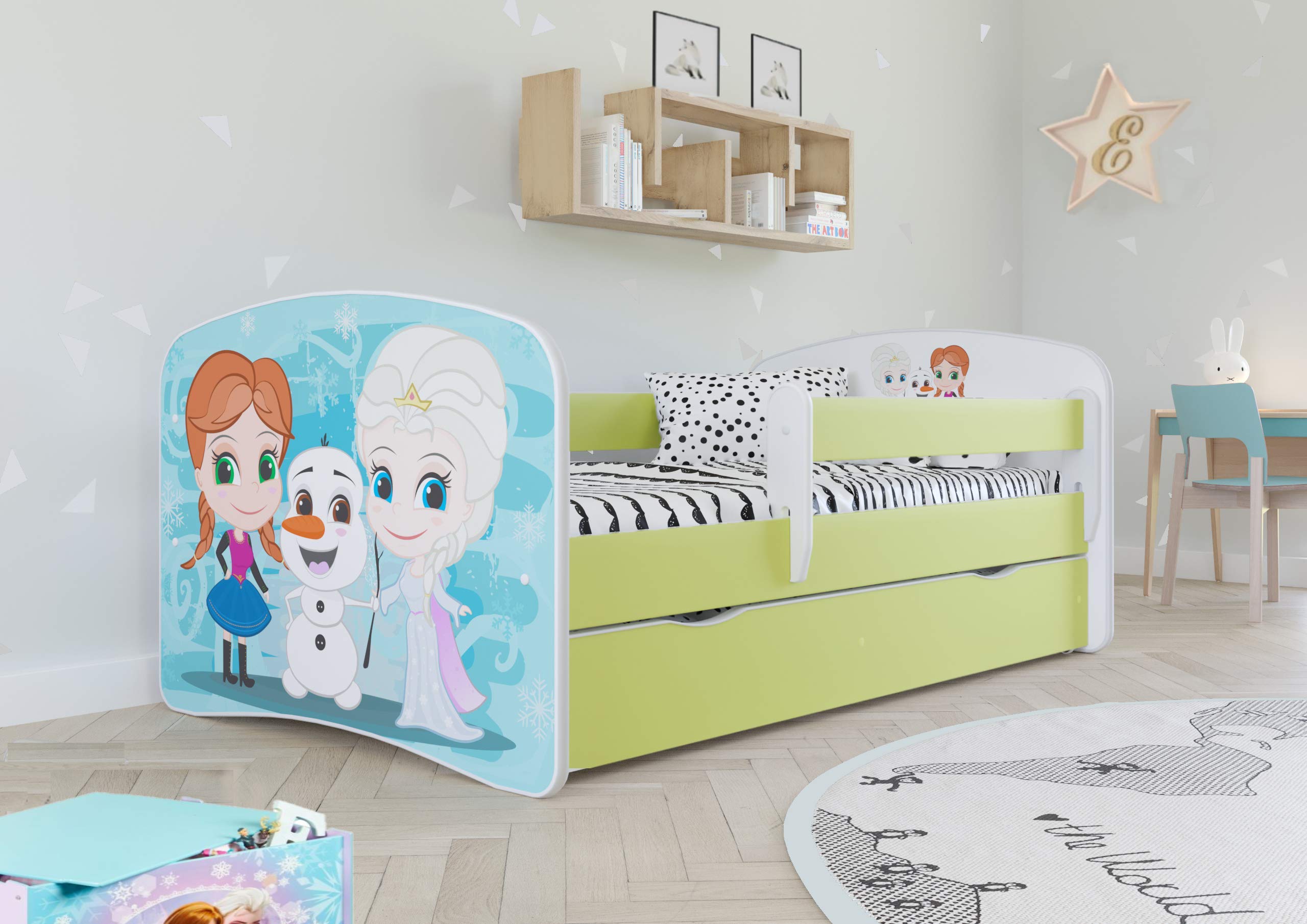 Cama babydreams 2 Verde Frozen con cajón, colchón, Barrera de Seguridad incluida, Madera de ingeniería, Lit d’Enfant
