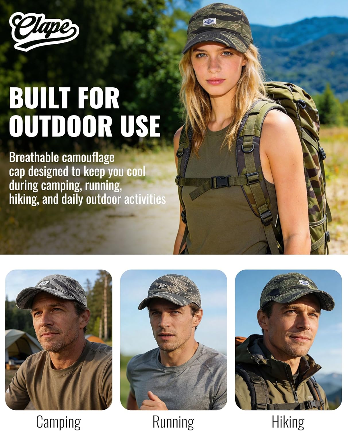 CLAPE Camouflage Baseball Cap, Low Profile 5 Panel Breathable Cotton Dad Hat Summer Outdoor Cap for Hiking Camping - Image 7