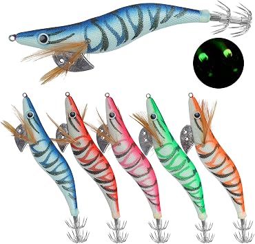 5pcs/10pcs Luminous Squid Jig Hooks Bionic Shrimps Lures Prawn Saltwater Hard Bait 3D Eyes for Octopus Jig Cuttlefish Artificial Baits Fish Tackle 3.94inch
