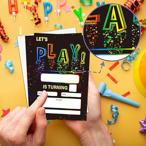 Miniatura 3 de Let's Play Invitación de fiesta de cumpleaños, invitaciones de relleno de tinta Splash para hombres y mujeres, 20 invitaciones con sobres (4 x 6