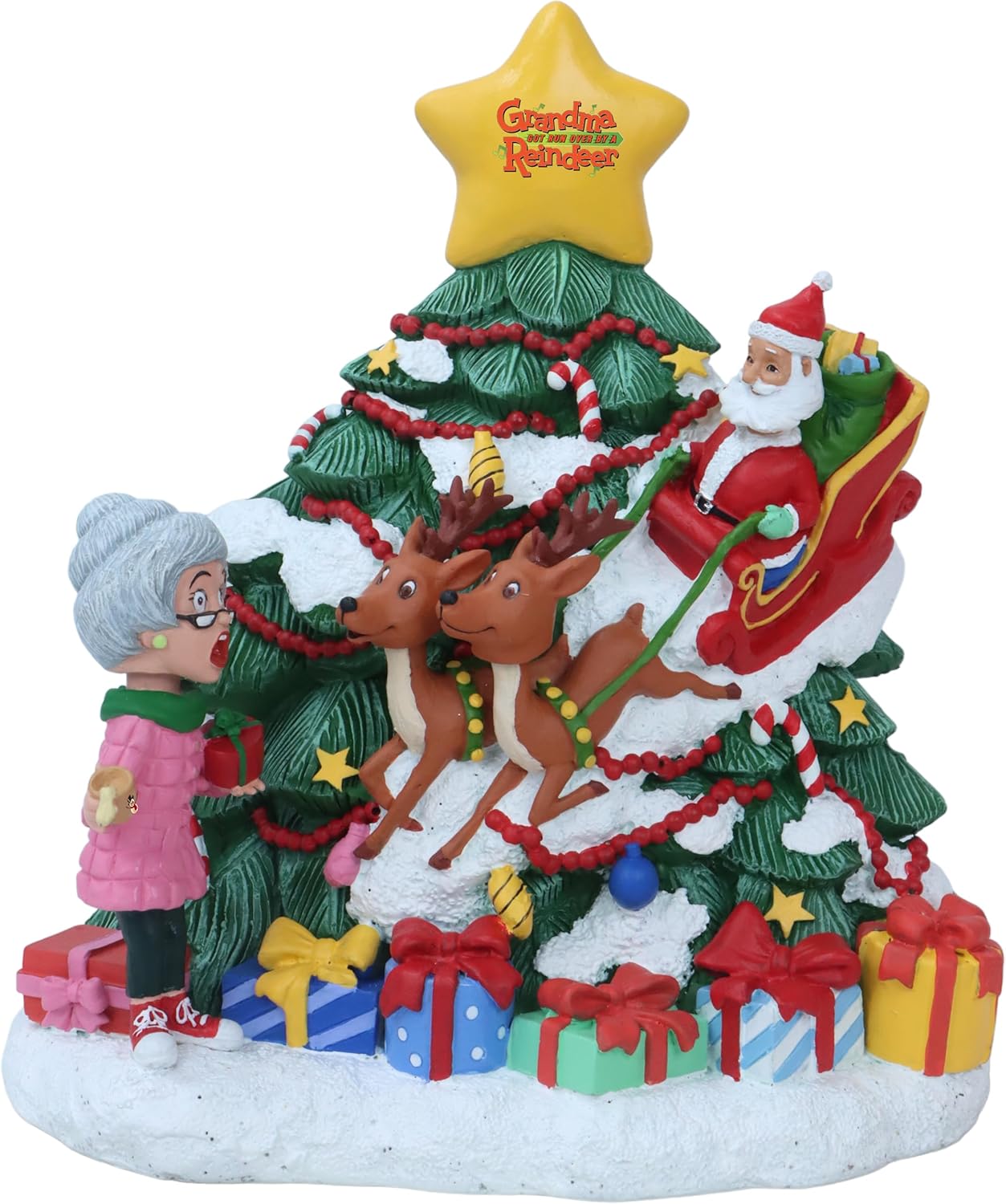Grandma Got Run Over by A Reindeer Talking with Santa, Reindeer, and Christmas Tree Bobblehead