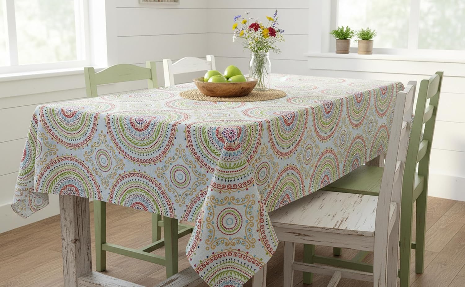 Newbridge 60 x 120 Inch Rectangle Fabric Tablecloth, Coral and Green Circle Stitch, Indoor Outdoor No Iron Soil Resistant Dining Room, Party and Banquet Table Cover, Modern Boho Chic Print