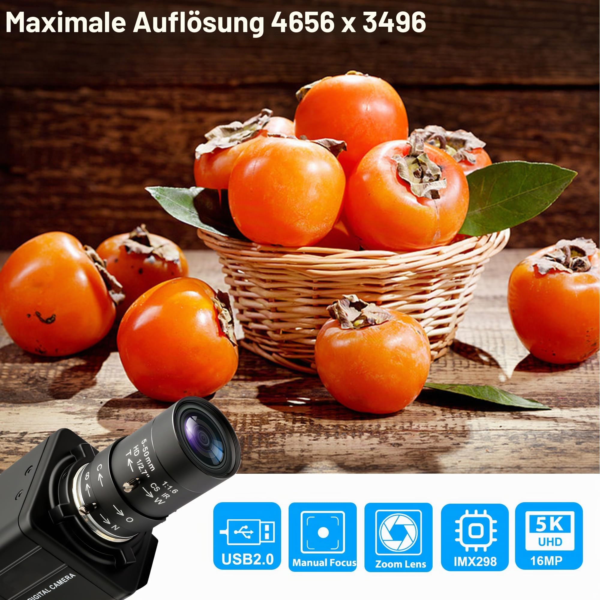 SVPRO 16MP USB Kamera mit Manuellem 5-50mm Objektiv, 10 Fach Optischem Zoom Webcam für PC Laptop, 4656x3496, IMX298 Sensor, UVC Industrielle Bildverarbeitungs Kamera für Windows,Linux,MacOS,Android