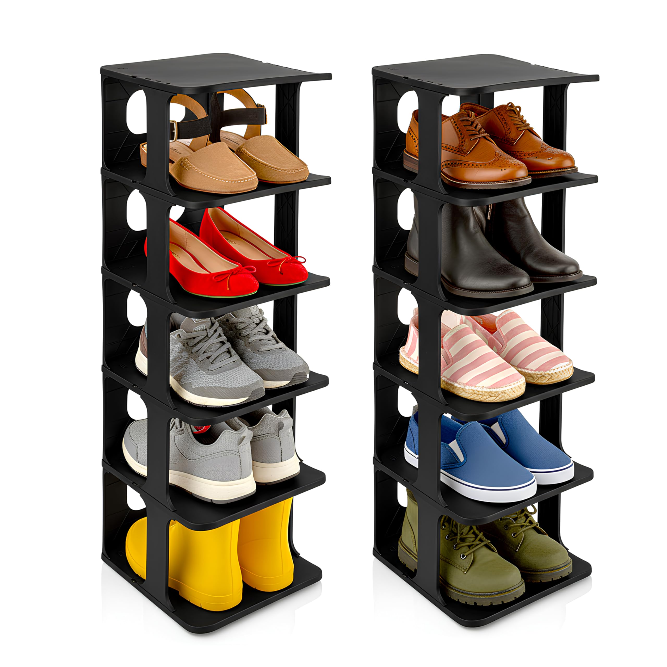 Divchi Black (2 Pack) Shoe Rack 5 Tier Vertical– Narrow Tall Plastic Shoe Storage Stand, Space Saving Shoe Shelves Organiser For Entryway, Hallway, Bedroom & Living Room (Pack Of 2, Black)