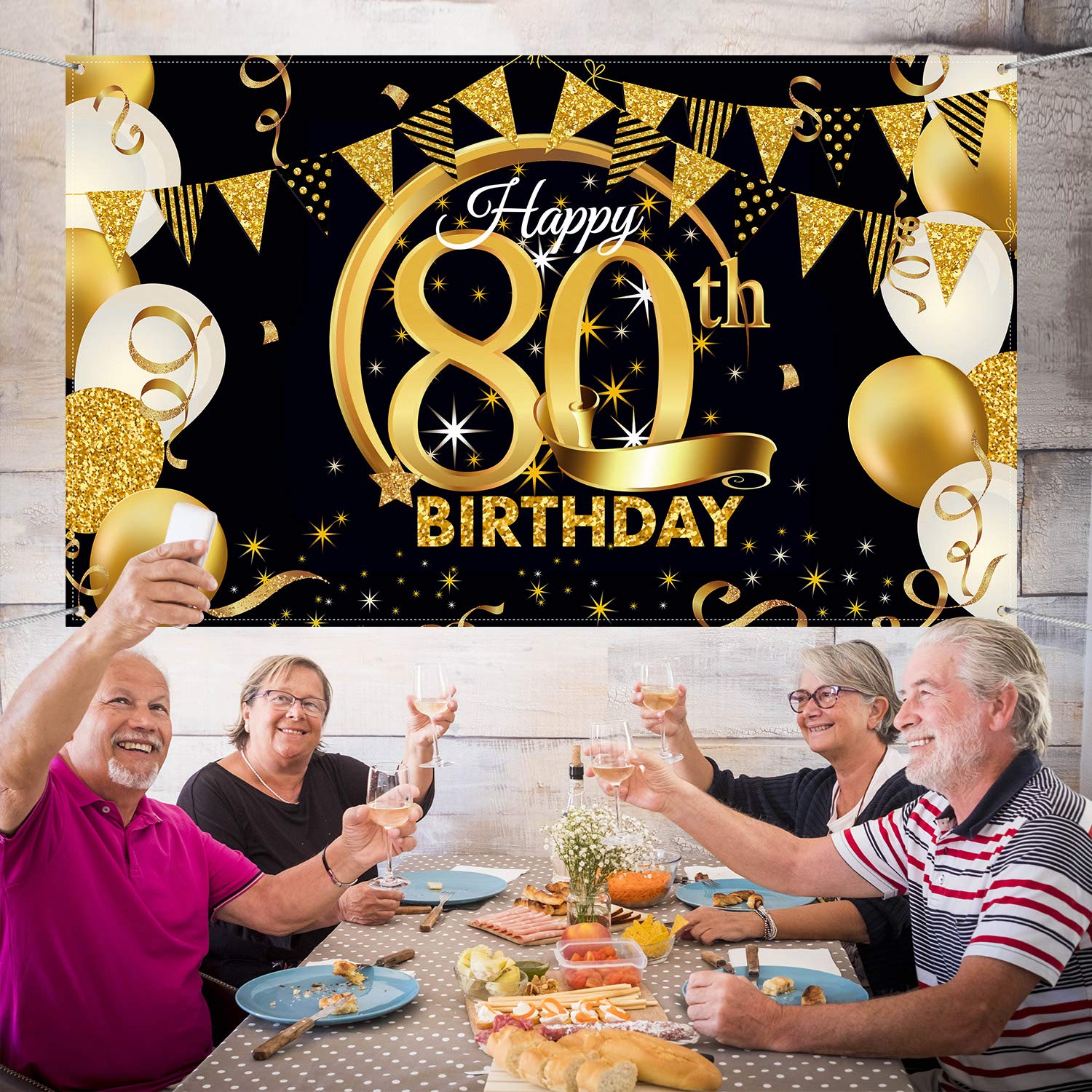 Bannière Anniversaire Photo Booth 180x120 Cm – Tissu Polyester Doré Et Noir, Réutilisable, œillets Cuivre, Déco Fête