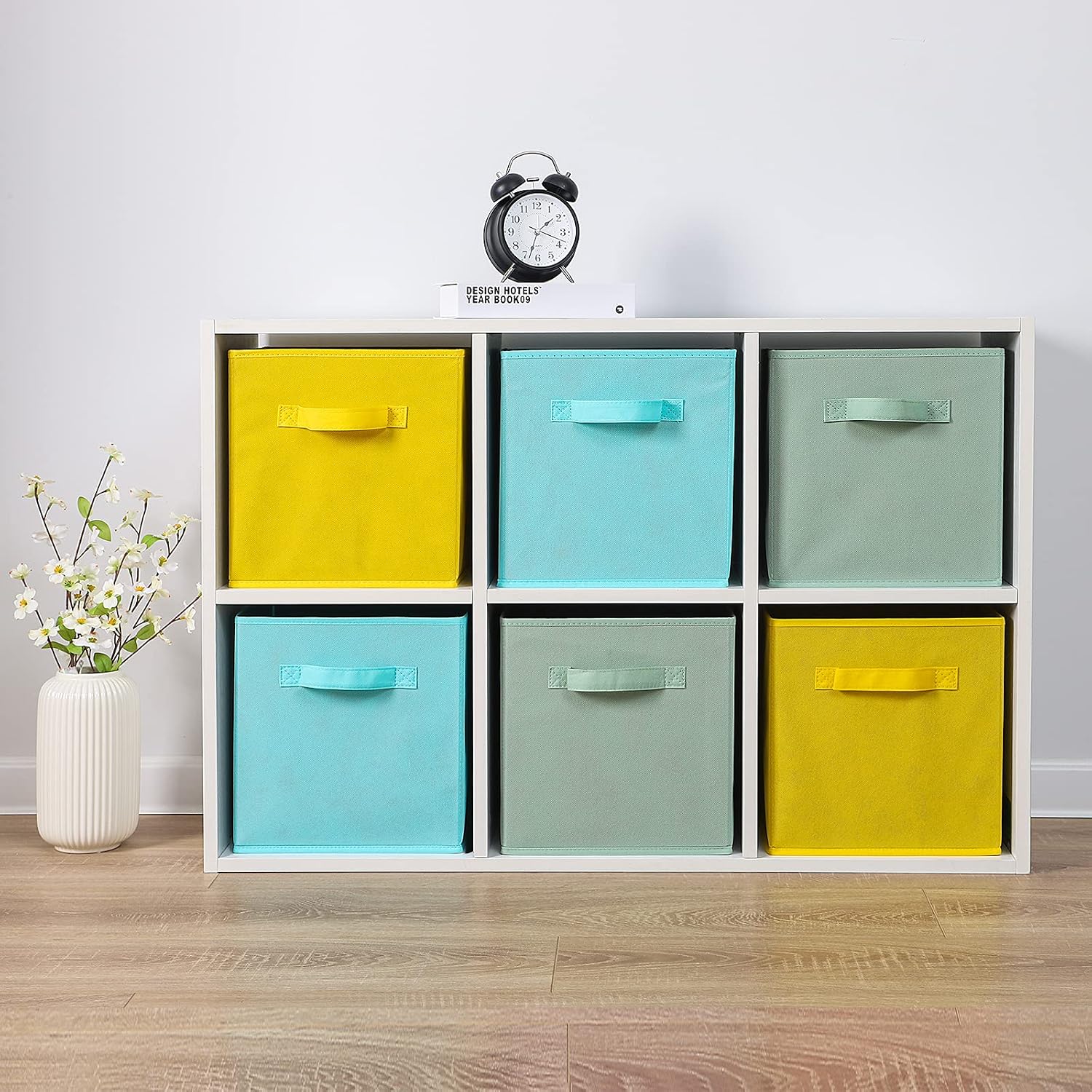 Stero 13x13x13 Inch Fabric Storage Bins 6 Pack Fun Colored Storage Cubes with Handles Foldable Cube Baskets for Home, Kids, Closet and Toys Organizer, Cyan, Green, Yellow image 4