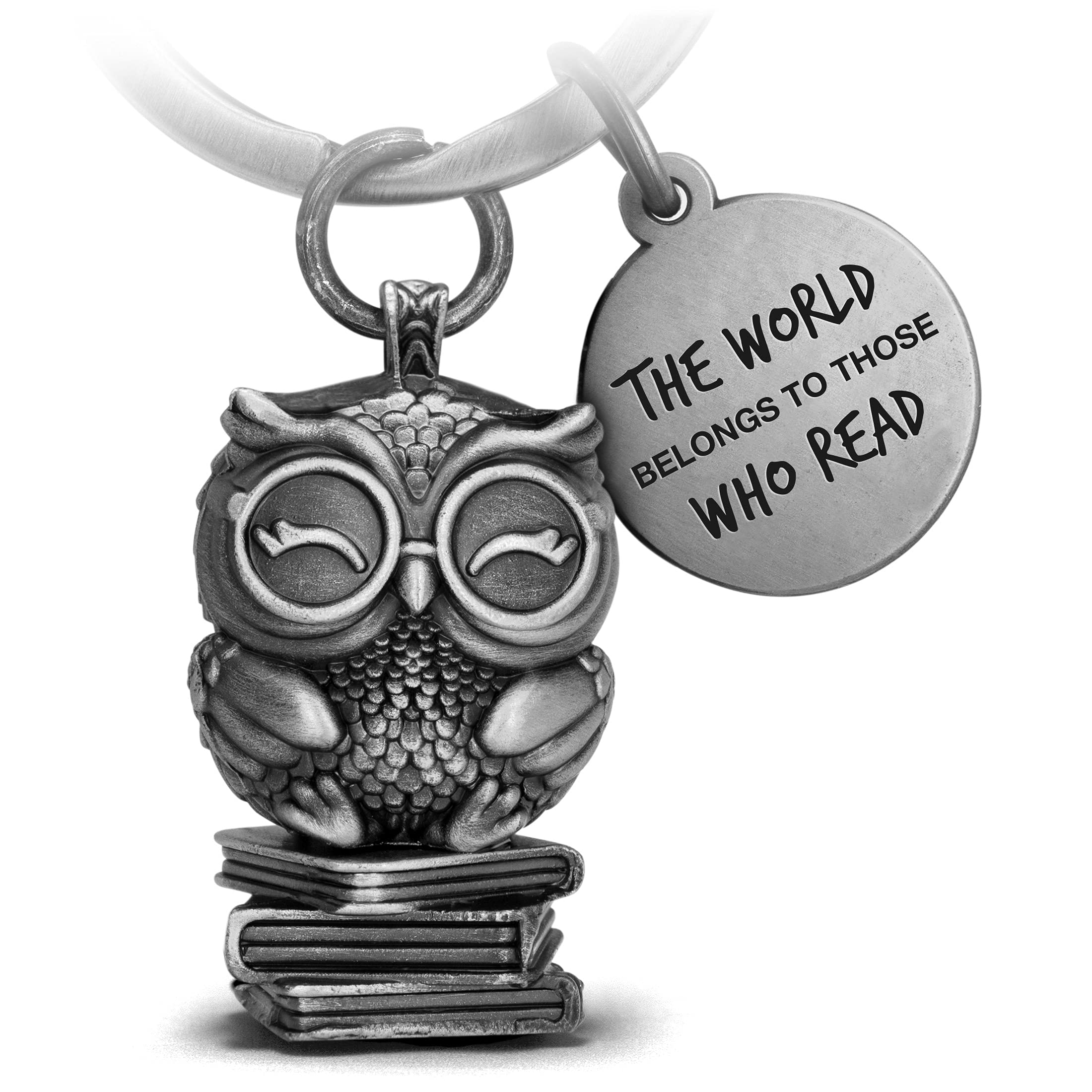 FABACH Owl Keyring Bookhouse Owl with Engraving – Reading Gifts for Book Lovers – Cute Keyring Owl for Viel Readers – Bookworm Gift Readers Gifts, Antique silver, S