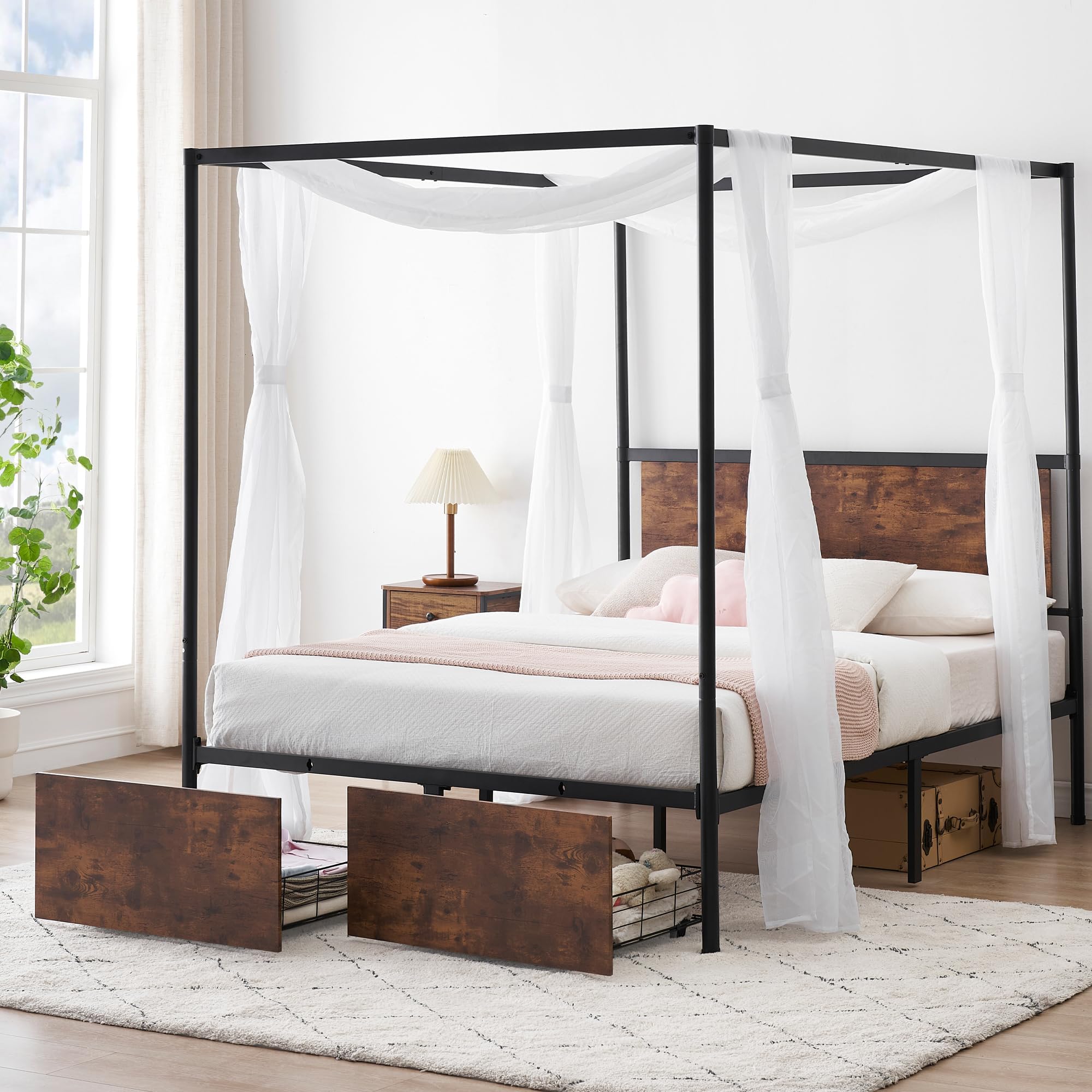 Amazon.com: GAOMON Queen Size Canopy Bed Frame with 2 Storage Drawers ...