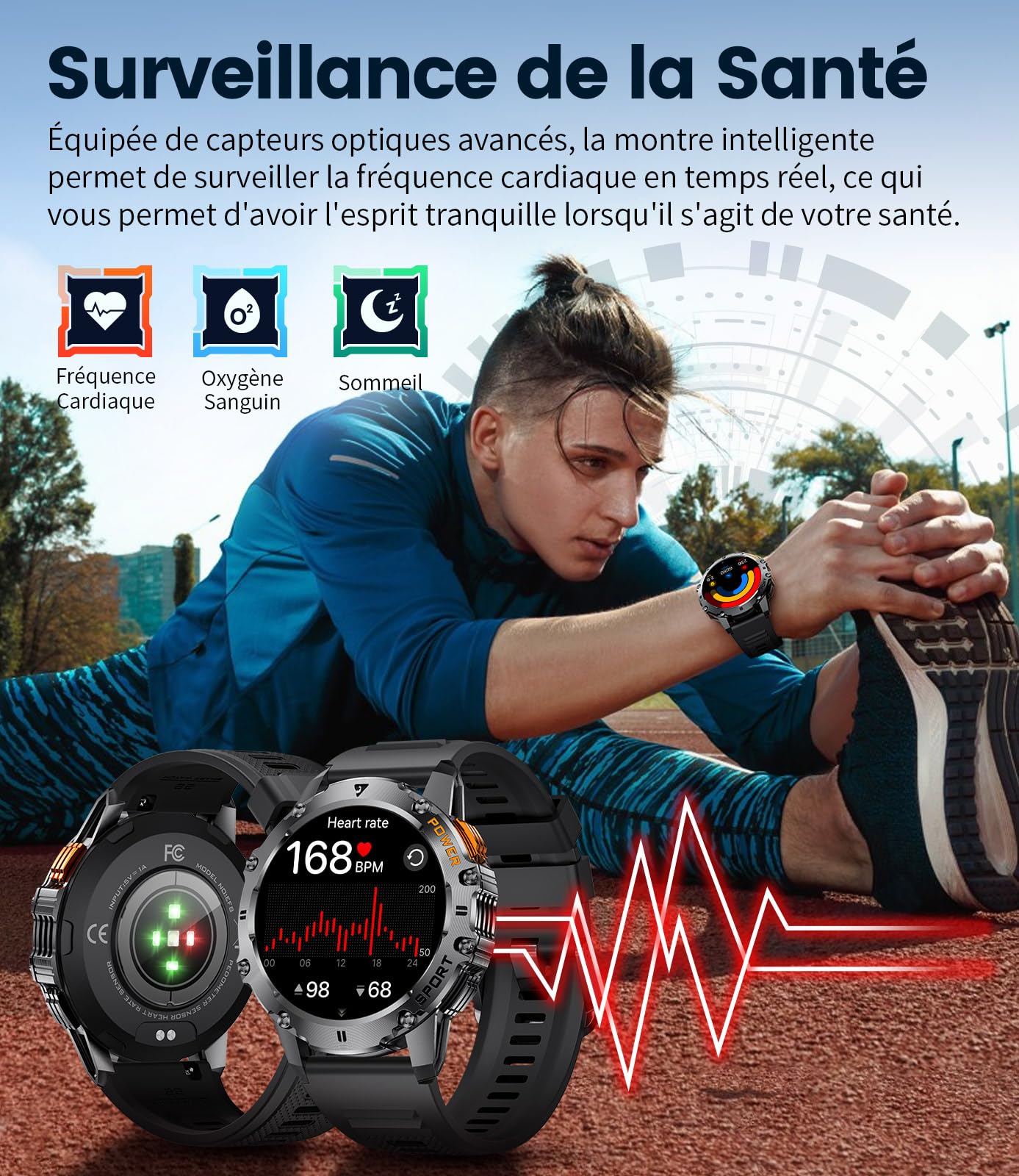 Montre Connectée Homme ESFOE Militaire - écran 1,85", Batterie 1000mAh, 5ATM, Torche LED, 130 Modes Sport, Appel Bluetooth