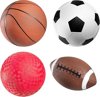 PlayBolt Kids Sports Balls 4-Pack - 5-Inch Toddler Football, Soccer, Basketball, Playground Ball Set with Pump - Indoor Outdoor Fun Toys