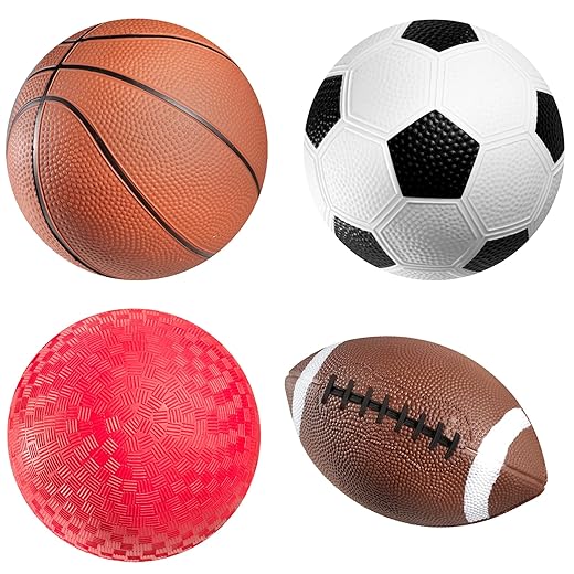 Sports Balls with Hand Pump for Kids - (Pack of 4) 5-Inch Diameter Rubber Sport Ball Toy Set Includes Football, Soccer Ball, Basketball and Playground for Fun Outdoors and Backyard