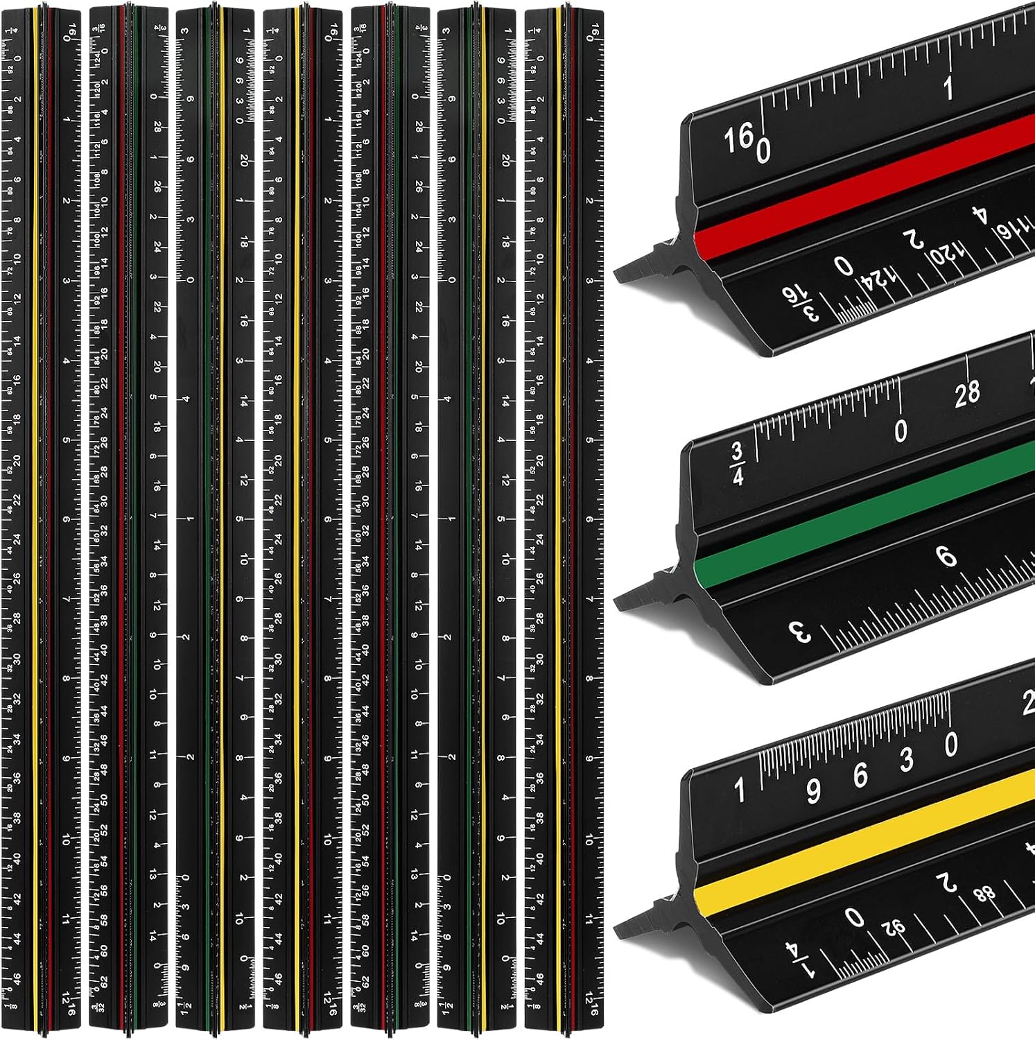 Macarrie 10 Pcs Architectural Scale Triangular Ruler 12" Architect Engineers Scale Ruler Set Aluminum Metal Ruler with Imperial Measurements for Architect Student Draftsman Engineer (Black)