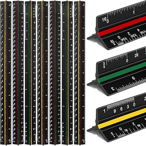 Vista 7 de Macarrie Regla triangular a escala arquitectónica, 12 pulgadas, regla de aluminio de metal con medidas imperiales para arquitecto, estudiante, Negro