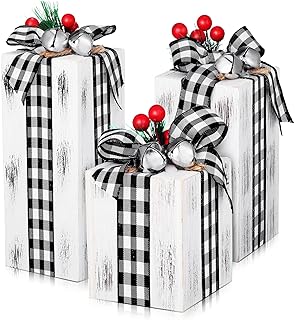 3 Pcs Christmas Rustic Wood Presents Christmas Table Centerpieces Christmas Decorations Wooden Blocks Rustic Decorations with Buffalo Plaid Bowknot for Xmas Party Decor (Present Box)