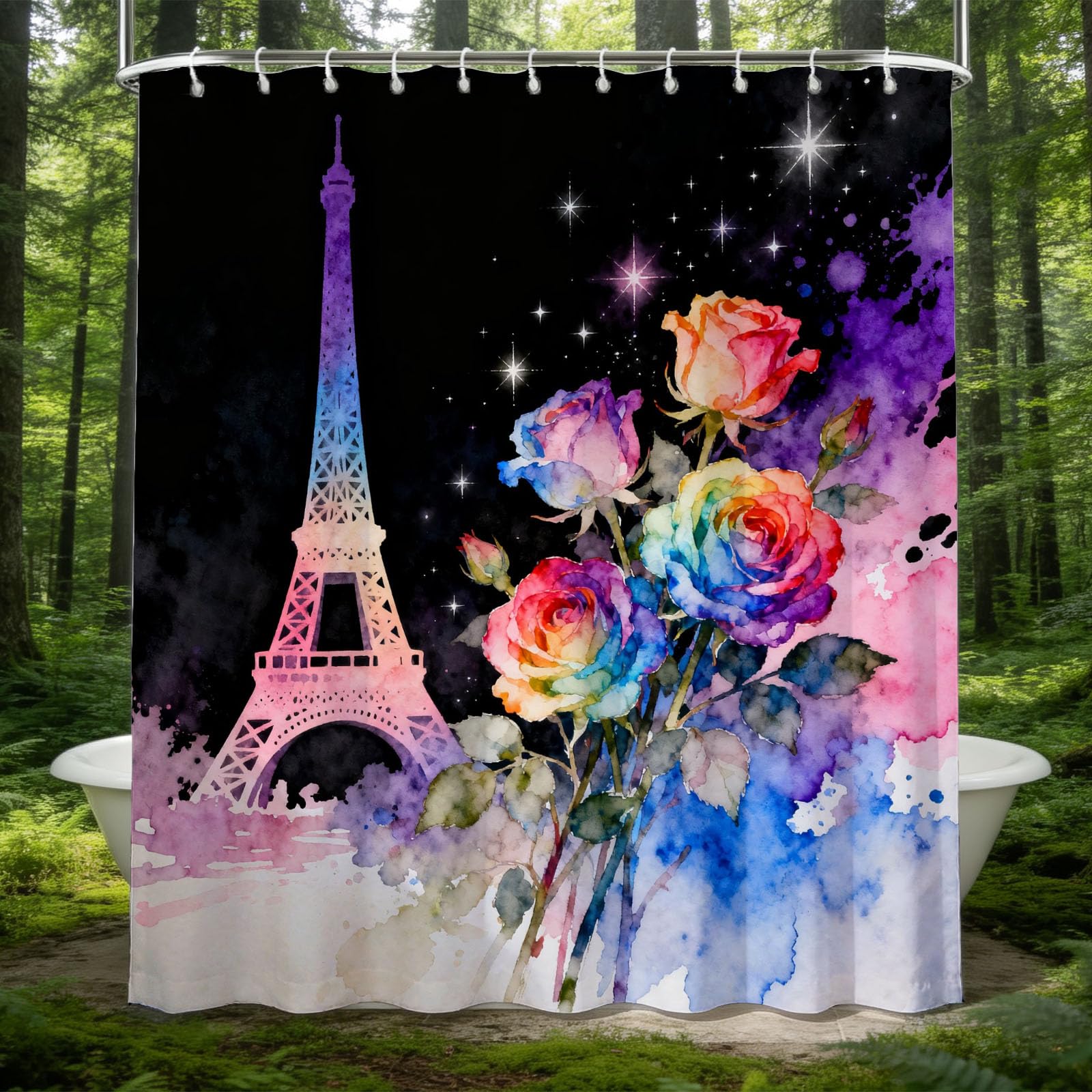 Rideau de douche rose arc en ciel en tissu imperméable pour une salle de bain parentale moderne