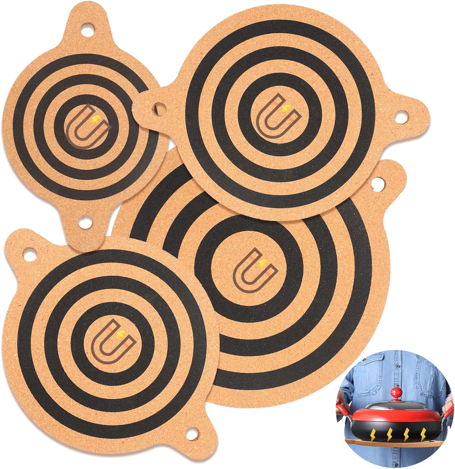 Meanplan 4 Pack Magnet Cork Trivet Magnetic Pot Holders for Hot Pots and Pans Protects Table Kitchen Countertops Protection for Cooking and Baking, Easy to Use, 10", 8", 6"