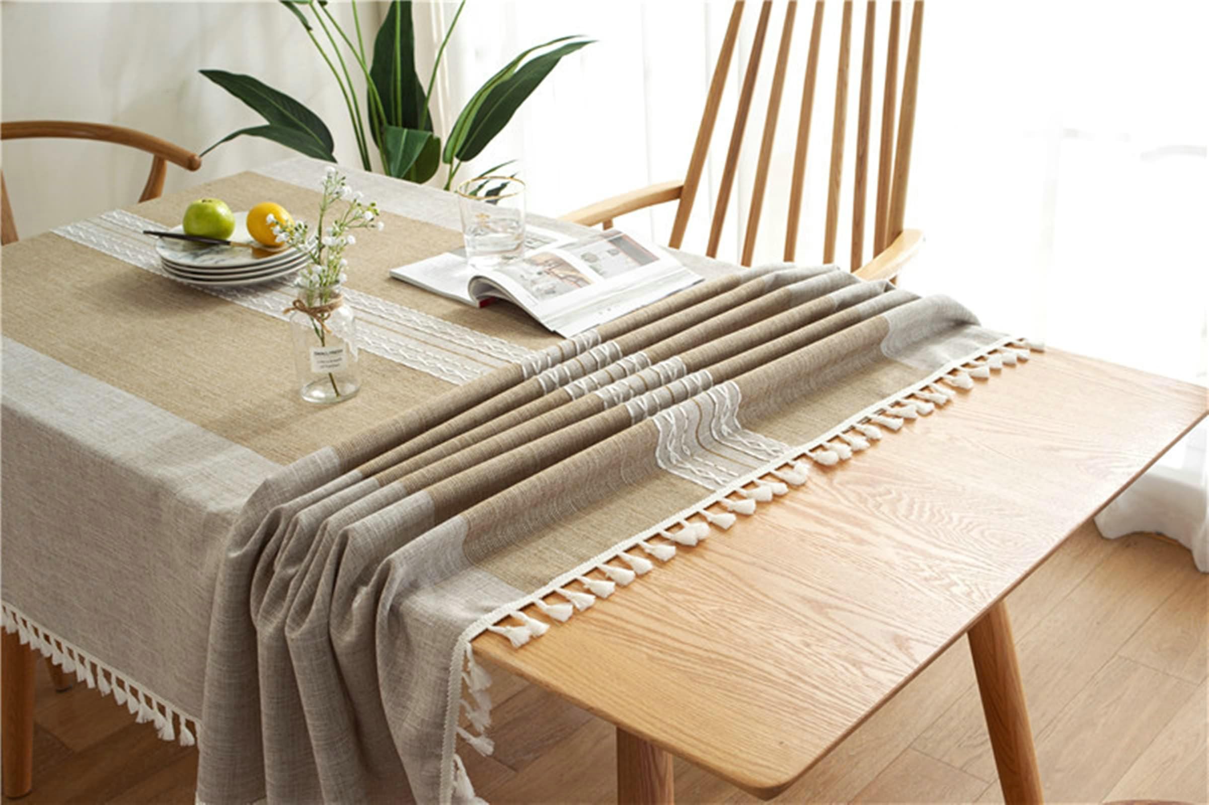 Gualiy Mantel de Cocina Rectangular, Poliéster Algodón Manteles Mesa de Cafe 140x100CM Mantel Antideslizante Cocina Rayas con Borlas Mantel para Mesa Salon, Caqui