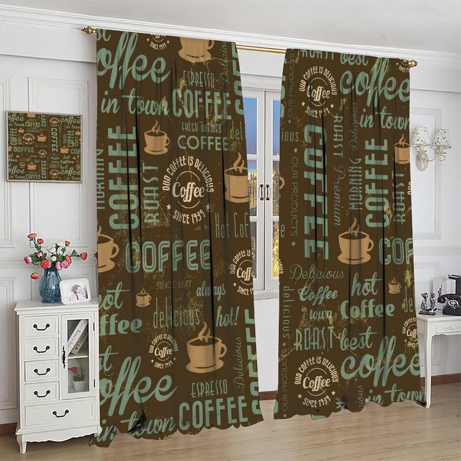 Vintage Rustic Kitchen Curtains Brown Green Retro Coffee Cups Printed Bedroom Living Room Cafe Blackout Rod Pocket Decoration Window Drapes 2 Panels W21xL45in