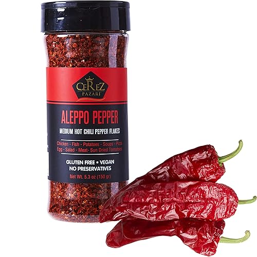 Cerez Pazari Alepo Pepper Calor moderado | 5.29 oz - 150 gr | Chile rojo turco triturado - copos de chile Aleppo, Chile Maras | Pimienta Halaby |