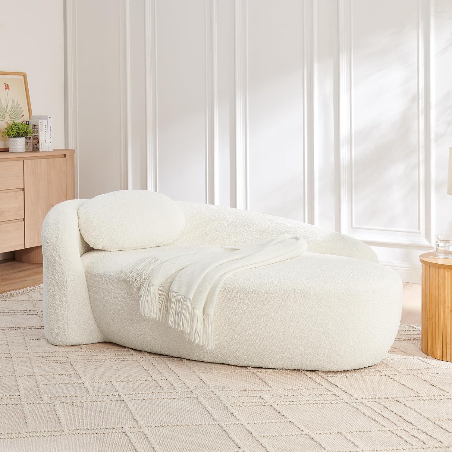 Full Foam Chaise Lounge Chair Indoor, Boucle Upholstered Boneless Chaise Lounge Sofa Bed, Right Facing Leisure Cloud Recliner Couches Sleeper Daybed for Living Room | High Density Foam, Non-slip, No Assembly Required, Deep Seat, Fluffy