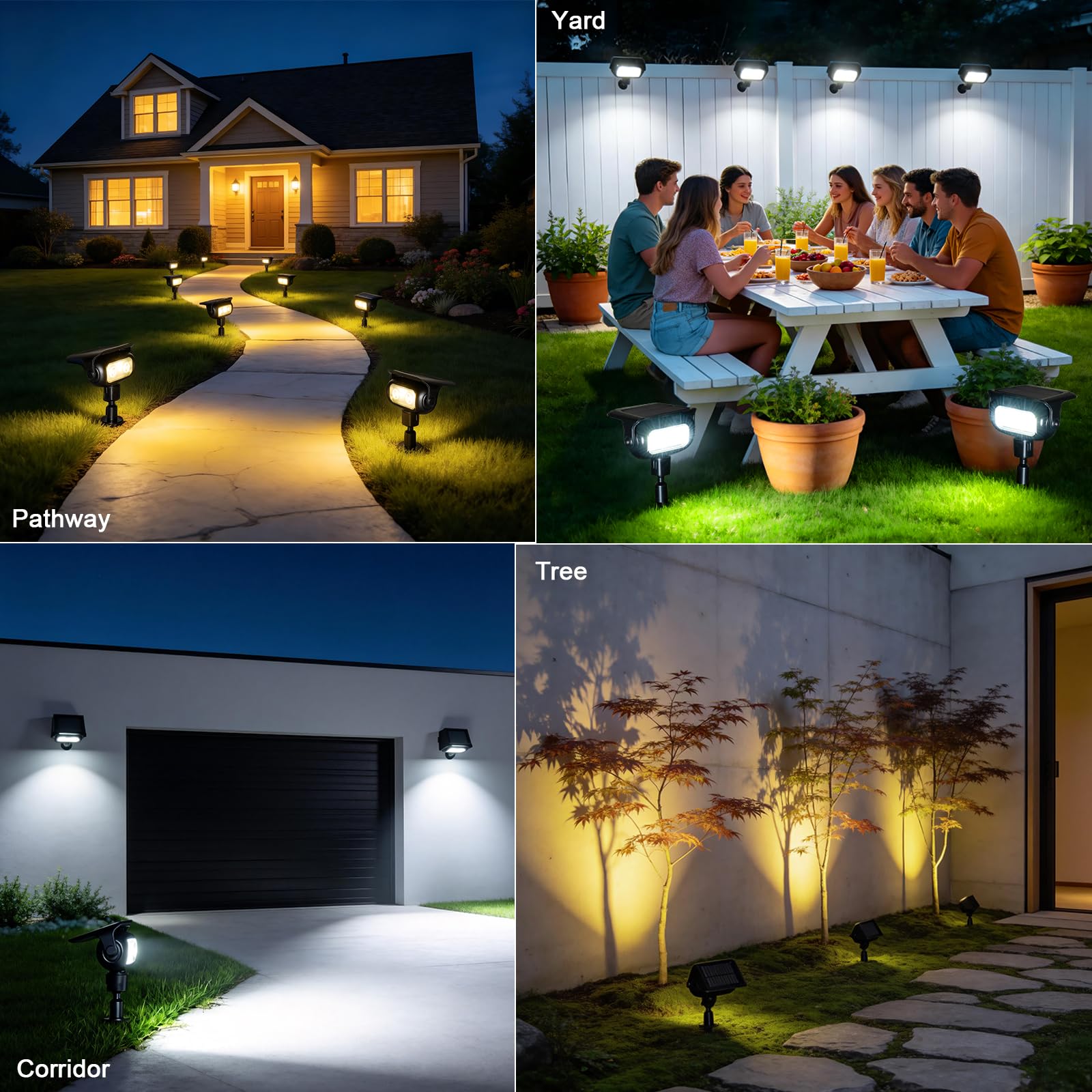 CREATESTAR 4 Pezzi Faretti Solari da Giardino con Sensore di Movimento, 4 Modalità ＆ 2 Installazione, Bianca Calda, IP65 Impermeabile Luci solari da Giardino per Cortile, Patio, Vialetto, Alberi