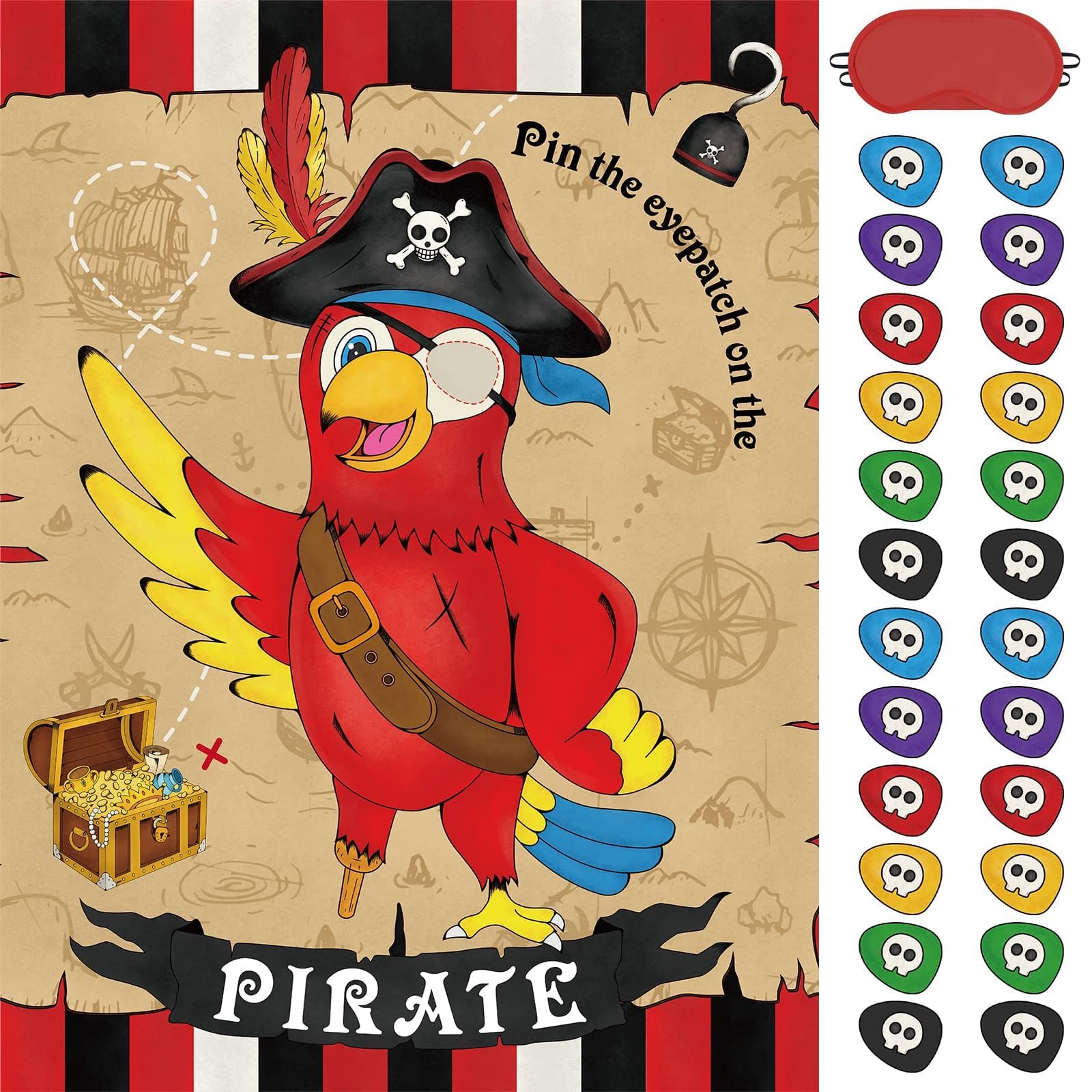 WERNNSAI Pirate Pin the Game - Pirate Party Supplies for Kids Boys Pin the Eye Patch on the Pirate 71cm x 53cm Parrot Game Poster with 24 PCS Reusable Stickers Blindfold Bday Party Favor Sets
