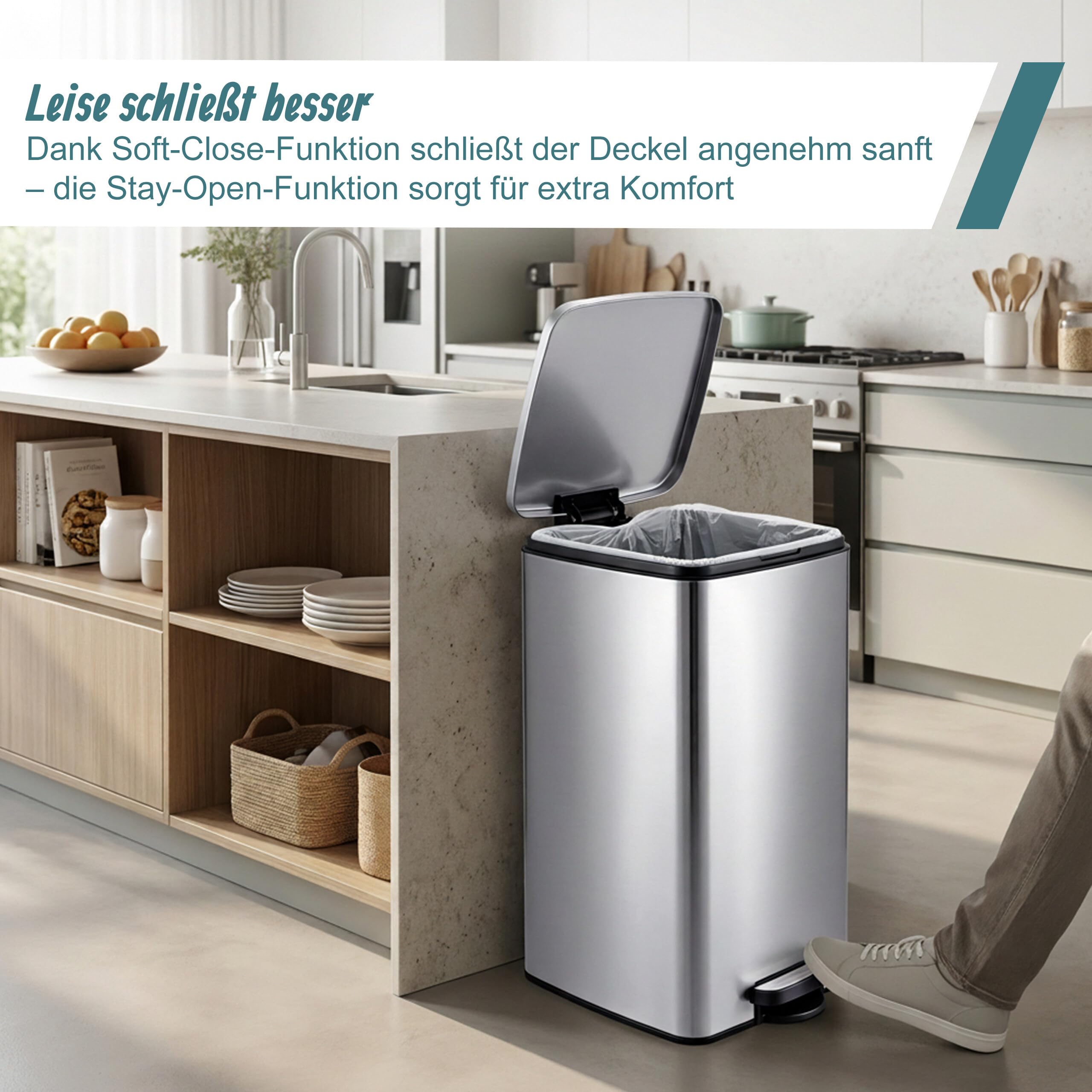 Relaxdays Mülleimer, 60 Liter, Küche, entnehmbarer Inneneimer, silber | Fußpedal, Softclose, Edelstahl, Tretmülleimer