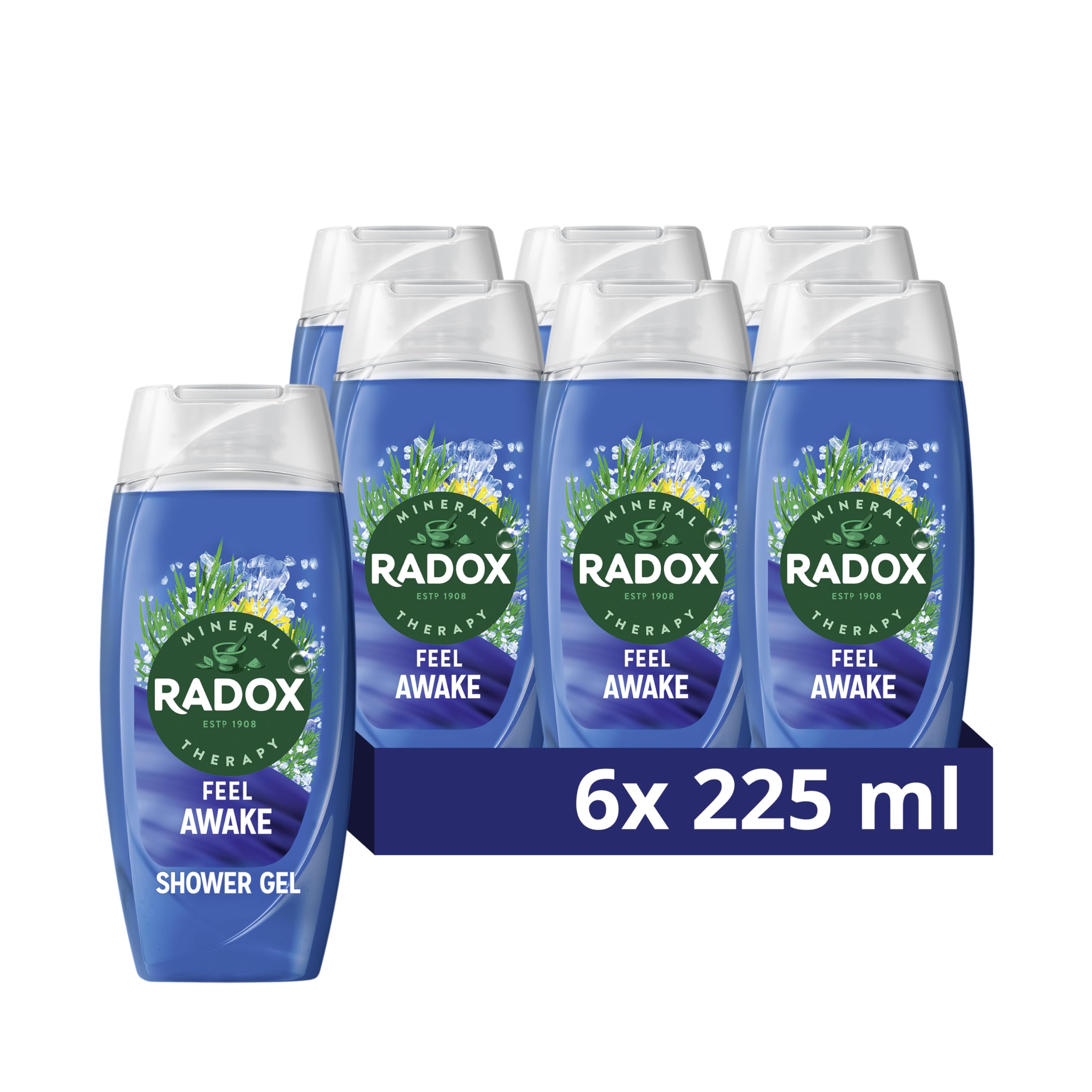 Radox Mineral Therapy Feel Awake 2-in-1 Body Wash Shower Gel Shampoo uniquely blended with herbs and a sea mineral & fennel fragrance for a refreshing experience 225 ml, Pack of 6