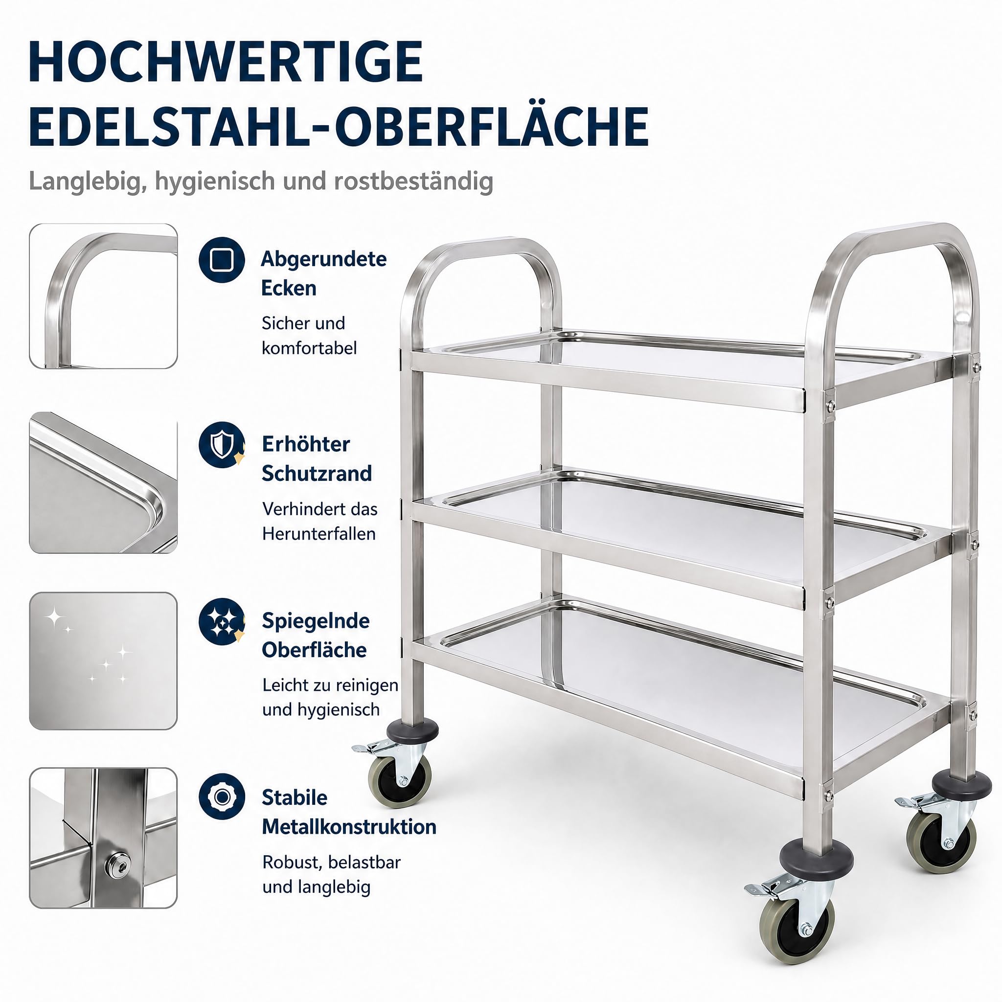 3-stufiger Edelstahl-Servierwagen mit Rollen & Bremsen (72 x 40 x 82 cm) – Robuster Transportwagen für Gastro, Labor, Salon, Küche