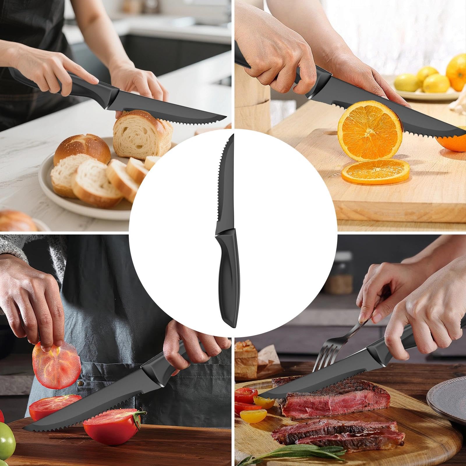 Chiluxendo 12 Piezas Cuchillos Carne, Cuchillos de Mesa Acero Inoxidable, Cuchillo Sierra con Mango de Polipropileno, Cuchillos Chuleteros Afilada, Cuchillo Chuletero, Apto para Lavavajillas(Negro)