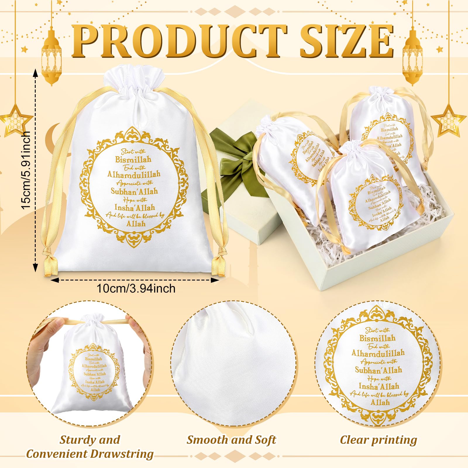 SATINIOR 36 Pcs Eid Ramadan Mubarak Satin Gift Bags 5 x 7 Inch Drawstring Eid Party Favor Silk Bags Mubarak Jewelry Pouch for Islamic Ramadan Gift Supplies Candy Bag Muslim Party Decoration