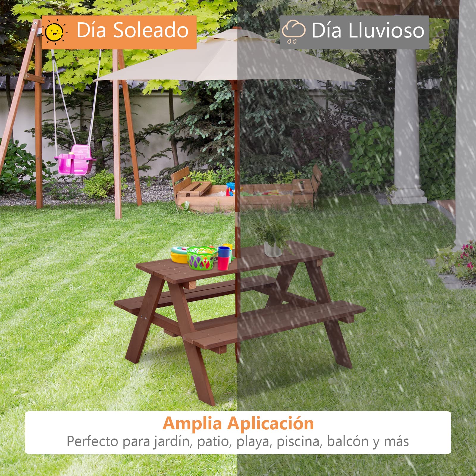 COSTWAY Mesa de Picnic para Niños 3 en 1, Mesa de Actividades al Aire Libre para Niños con Paraguas Extraíble, Bancos de Madera, Mesa de Picnic Exterior para Jardín, Patio, Casa, Césped